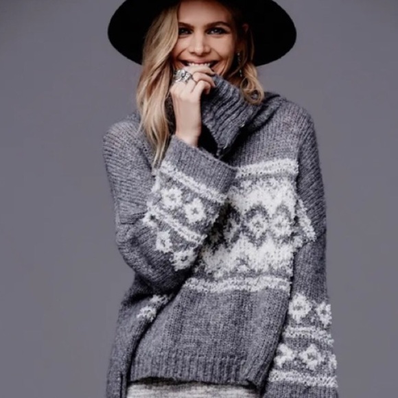 Free People Sweaters - Free People Fair Isle Split Neck Sweater Gray XS